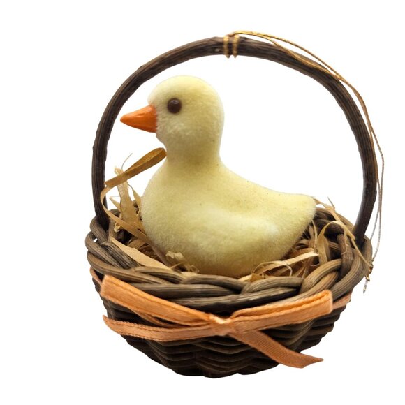 Avon Easter Yellow Duck Basket Ornament Wicker Basket Orange Ribbon Spring - Picture 2 of 6